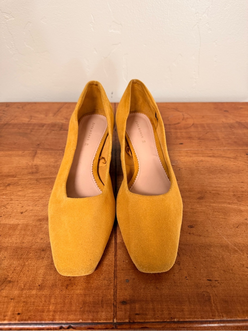 Zara Mustard genuine Suede Square-Toe Flats